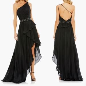 NWT McDugal Pleated One Shoulder Dress Black Gown Asymmetrical Ruffle Beaded SM